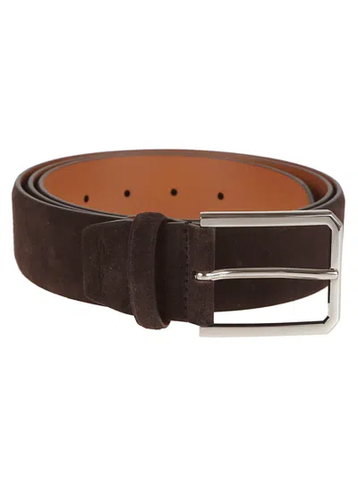 Santoni Brown Leather Belt With Polished Metal Buckle In Dark Brown