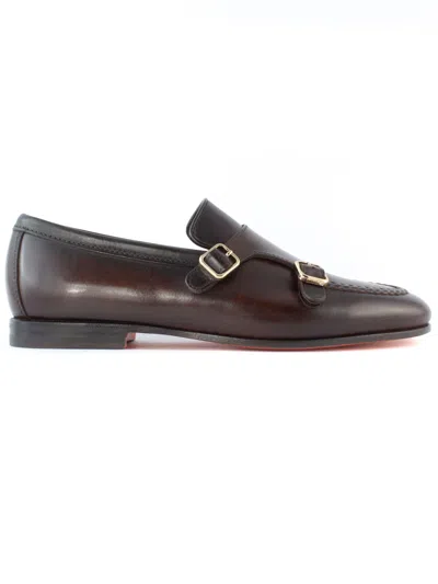Santoni Brown Leather Double-buckle Loafer
