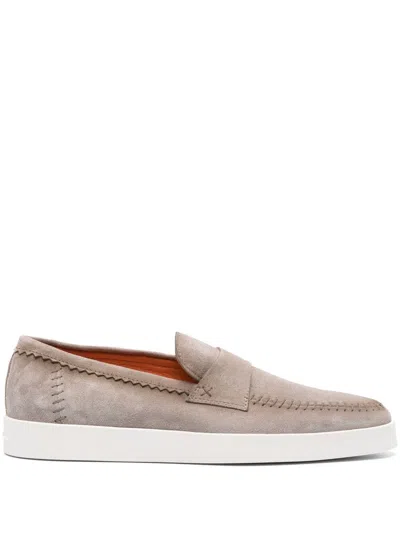 Santoni Brown Leather Loafers With Decorative Stitching In Multi