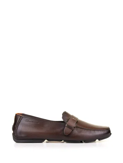 Santoni Brown Leather Moccasin With Buckle In Multi