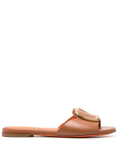 Santoni Brown Leather Mules With Bold Buckle Detail