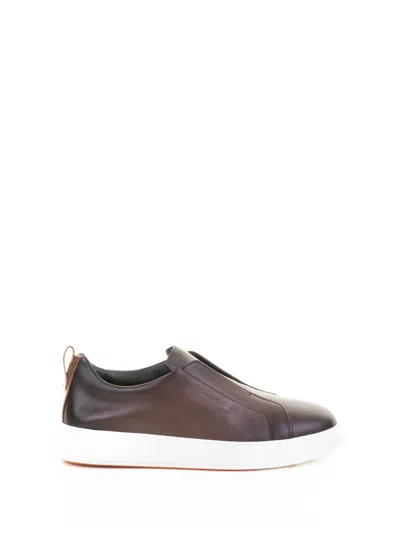 Santoni Brown Leather Slip On Sneaker