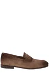 Santoni Suede Moccasins With Tapered Shape And Rubber Sole In Brown