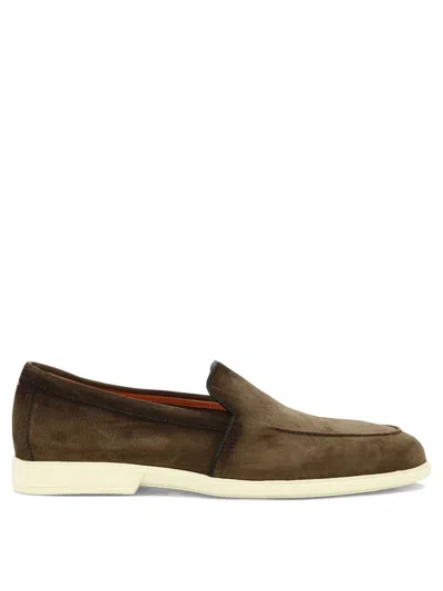 Santoni Almond-toe Suede Loafers In Brown