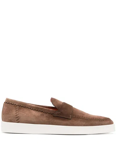 Santoni Brown Suede Loafers With Stitched Detail