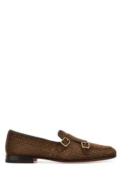 Santoni Suede Monk Shoes Scacco Double Buckle In Brown