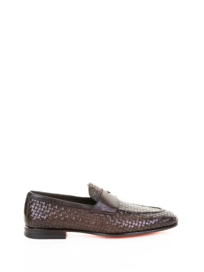 Santoni Gwendal Woven Leather Penny Loafers In Brown