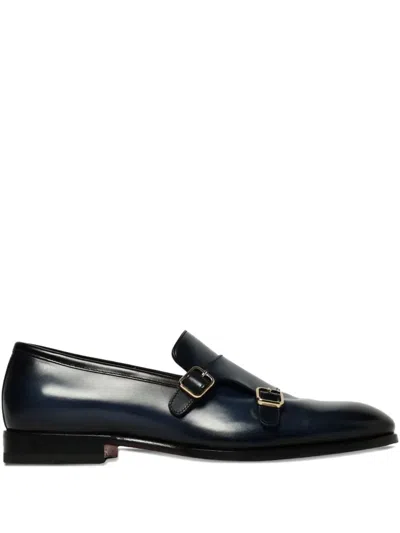 Santoni Round Toe Leather Double Monk Strap Loafers In Blue