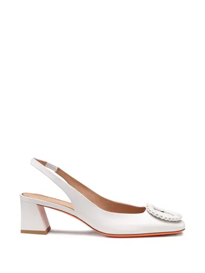 Santoni 50mm Corolle Leather Slingback Buckle Pumps In White