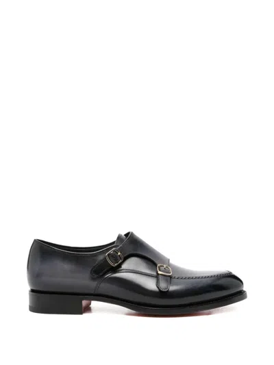 Santoni Buckle-strap Leather Monk Shoes In Black