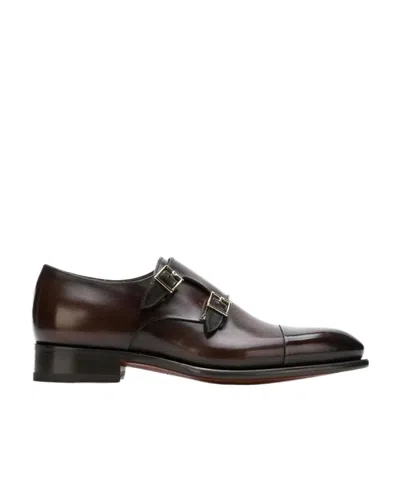 Santoni Double Monk-strap Leather Shoes In Brown