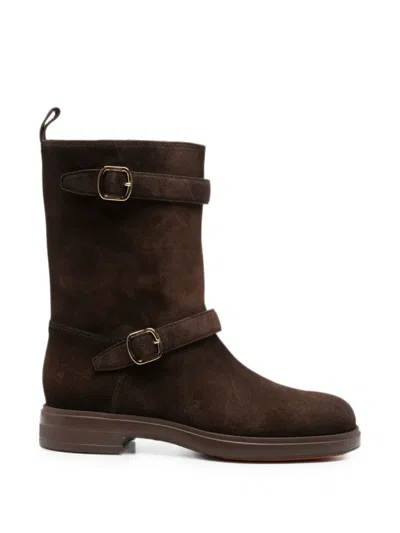 Santoni Buckle-strap Suede Boots In Brown