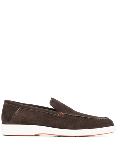 SANTONI CALF-SUEDE ALMOND-TOE LOAFERS