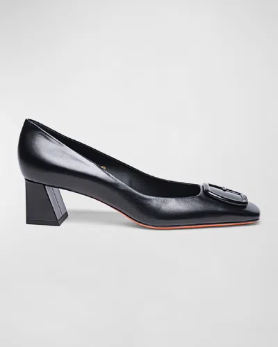 Santoni Calfskin Buckle Block-heel Pumps In Black