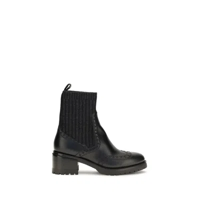 Santoni Calfskin Leather With Decorative Wingtip Ankle Boot In Black