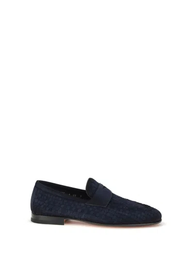 Santoni Blue Calf Leather Bos Taurus Slip-on Loafers In Black