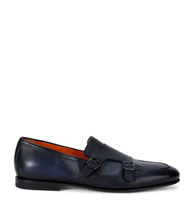 Santoni Carlos Double Monk Shoes In Navy