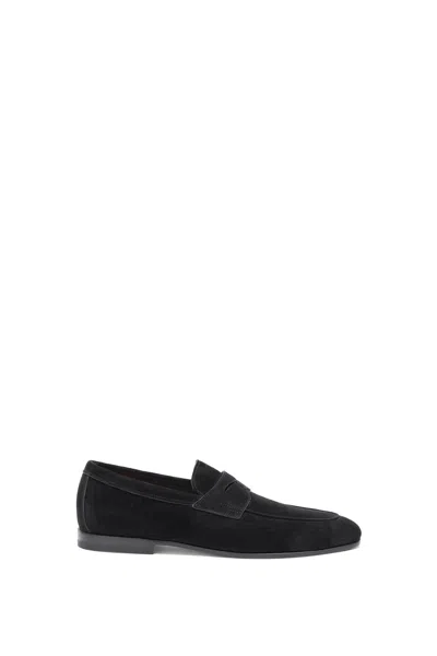 Santoni Carlos Loafers In Black Suede