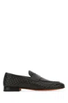 Santoni Gwendal Loafers Leather Sole Round Toe Woven Texture In Black