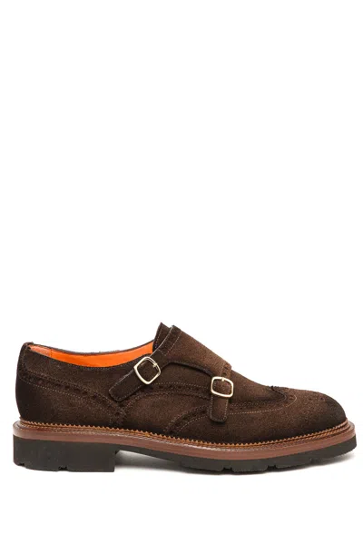 Santoni Double-buckles Suede Monk Shoes In Brown