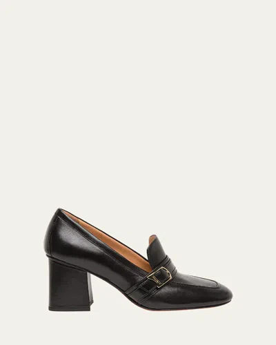 Santoni Claudette Leather Buckle Heeled Loafers In Black