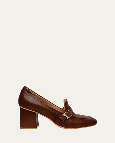 Santoni Claudette Leather Buckle Heeled Loafers In Brown