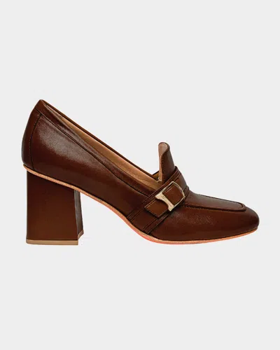 Santoni Claudette Leather Buckle Heeled Loafers In Brown