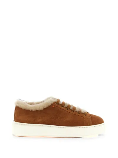 Santoni Cleanmount Shearling-trim Sneakers In Brown