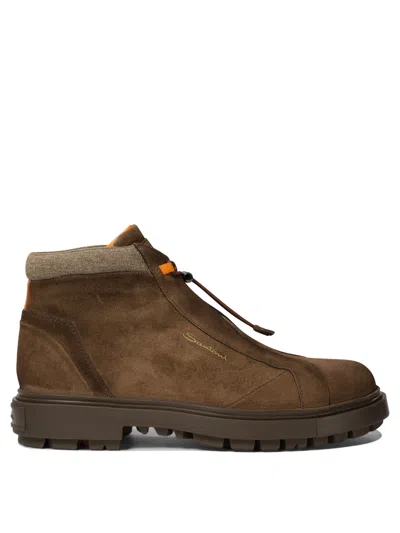 Santoni Suede Finish Ankle Boots With Rubber Sole In Brown