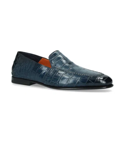 Santoni Crocodile Carlos Loafers In Navy