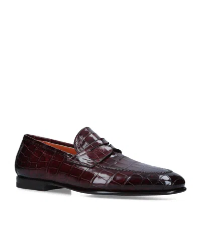 Santoni Crocodile Carlos Penny Loafers In Brown
