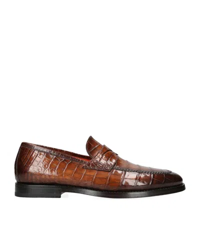 Santoni Crocodile Leather Carlos Penny Loafers In Beige