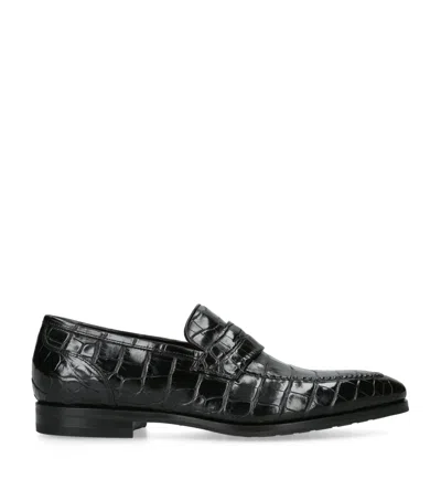 Santoni Crocodile Leather Derby Loafers In Black