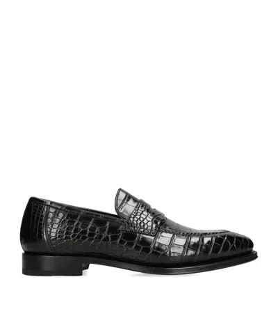 Santoni Crocodile Skin Duke Penny Loafers In Black