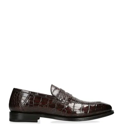 Santoni Crocodile Skin Duke Penny Loafers In Brown