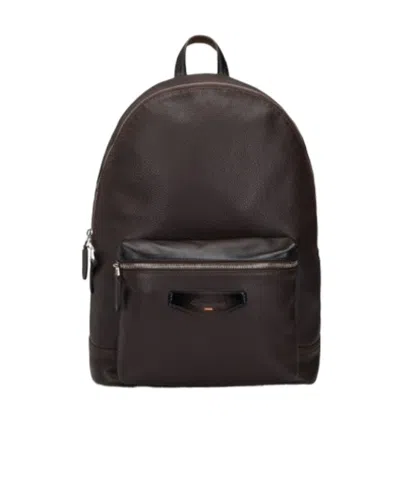 Santoni Dark Brown Leather Backpack In Yellow