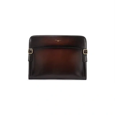 Santoni Dark Brown Leather Pouch Quercia Brown