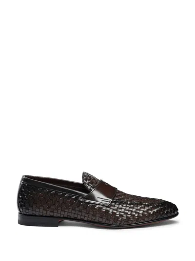Santoni Dark Brown Moccasin In Woven Leather