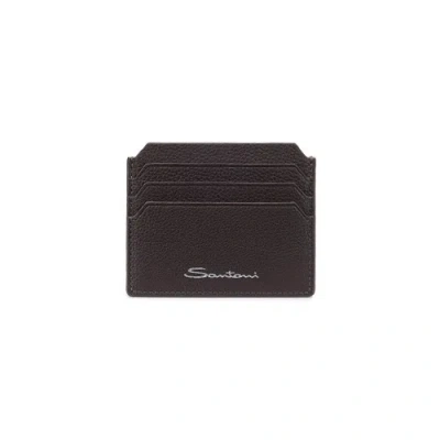 Santoni Dark Brown Tumbled Leather Credit Card Holder