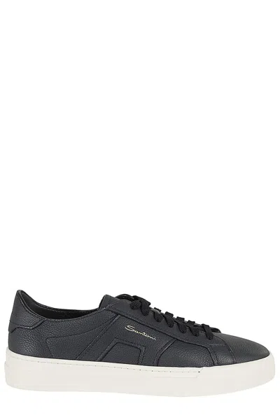 Santoni Pebble Leather Low-top Trainers With Contrasting Sole In Blue
