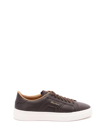 Santoni Tumbled Leather Double Buckle Trainer In Brown