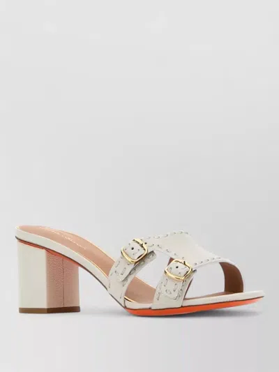 Santoni Didi Leather Mules Block Heel Buckles In White