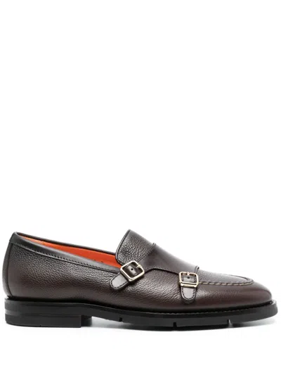 Santoni Dong Leather Monk Shoes In Brown