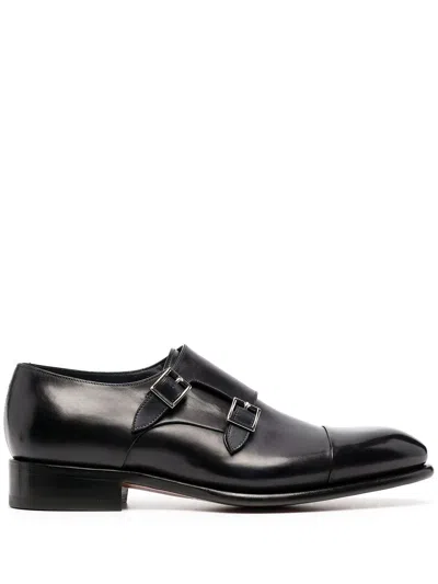 SANTONI DOUBLE-BUCKLE LEATHER MONK SHOES 