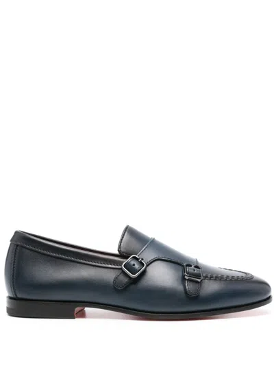 SANTONI DOUBLE-BUCKLE LEATHER MONK SHOES
