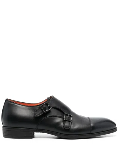 Santoni Simon Double-buckle Leather Monk Shoes In Black