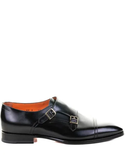 SANTONI DOUBLE-BUCKLE LEATHER MONK SHOES