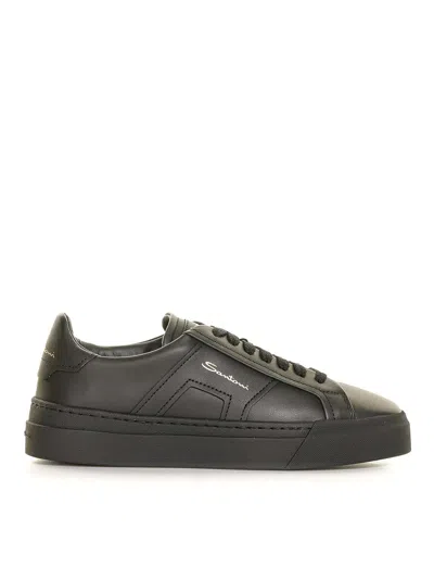 Santoni Double Buckle Leather Sneaker In Black