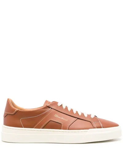 Santoni Double Buckle Leather Sneakers In Brown