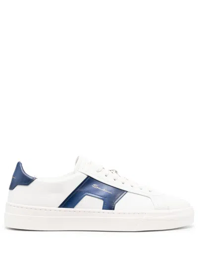 SANTONI DOUBLE BUCKLE LOW-TOP LEATHER SNEAKERS